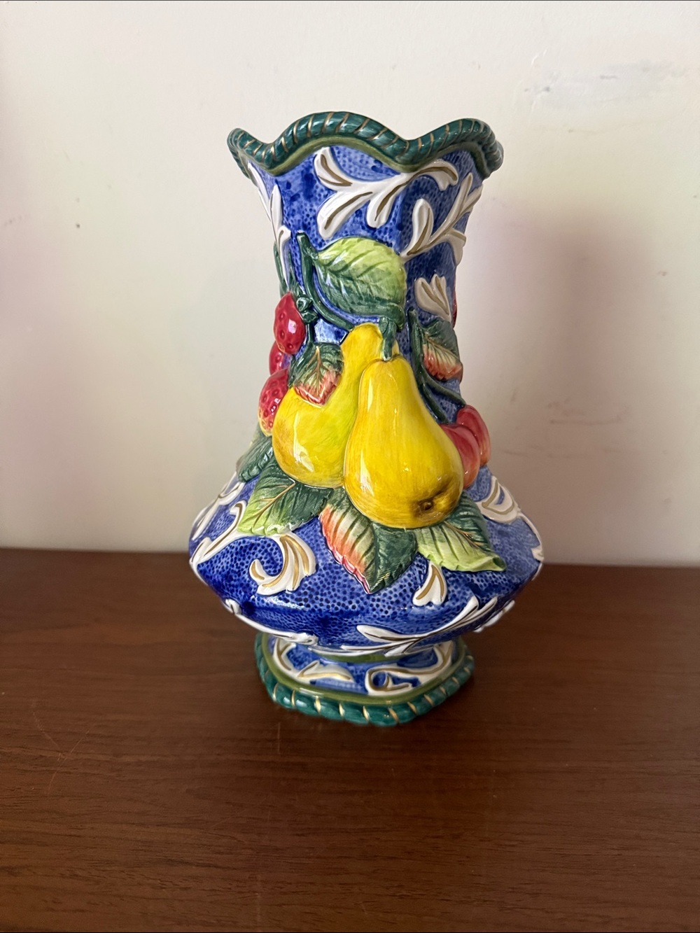 Vintage Fitz & Floyd Florentine Fruit Blue pattern earthenware vase.